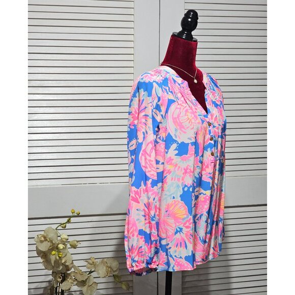 Lilly Pulitzer Women's Pink Blue ELSA 100% Silk SEASHELLS CRABS Blouse Sz L 2895 - Picture 2 of 10